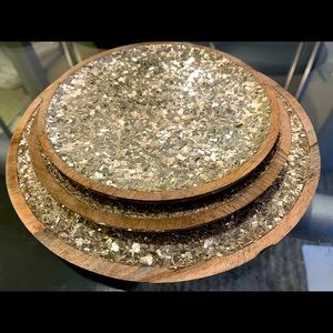 Three gold and wooden platters/trays